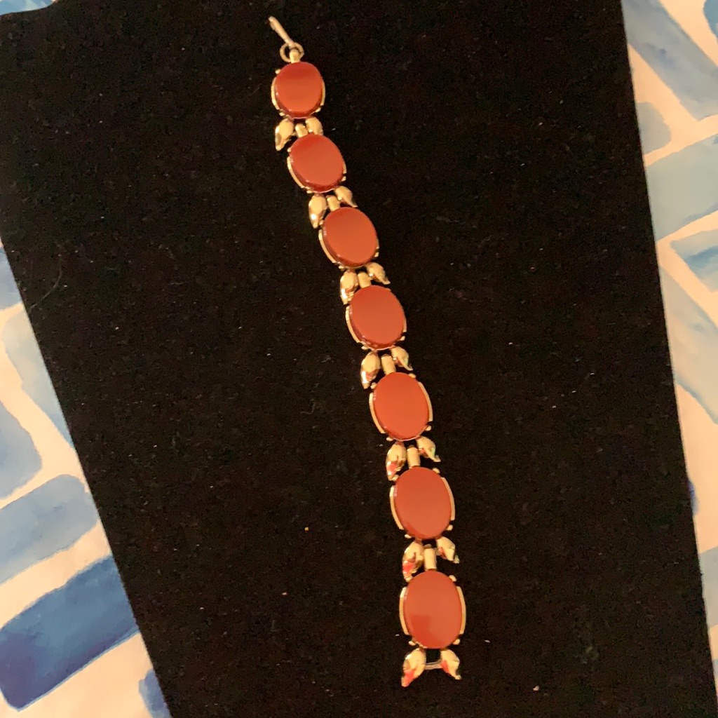 Vintage Bracelet Oval Brown Thermoset Plastic Link Gold Tone Style Link 8”Guc